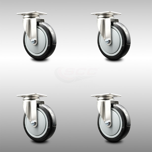 5 Inch 316SS Black Polyurethane Wheel Swivel Top Plate Caster Set